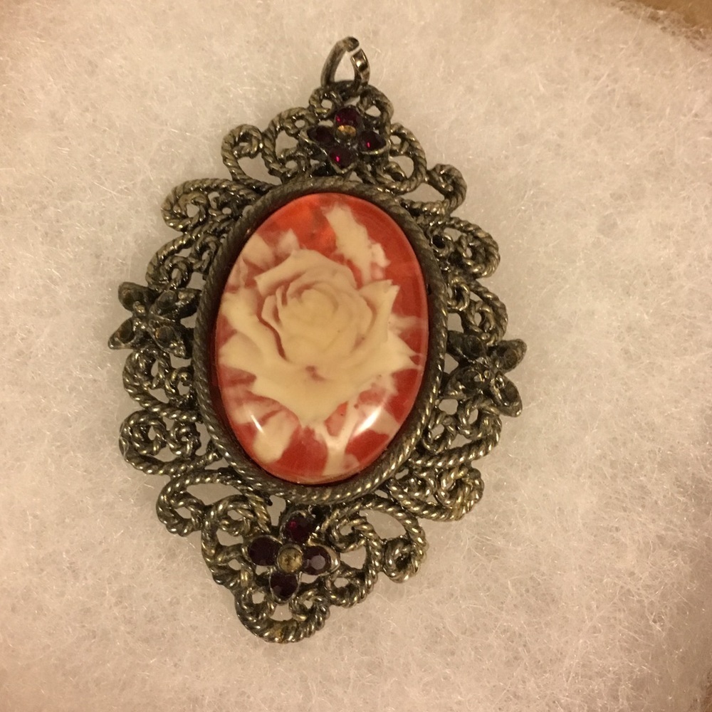 Vintage Floral Cameo Pendant | Coral & Cream Rose Cameo | Ornate Filigree - Picture 5 of 5